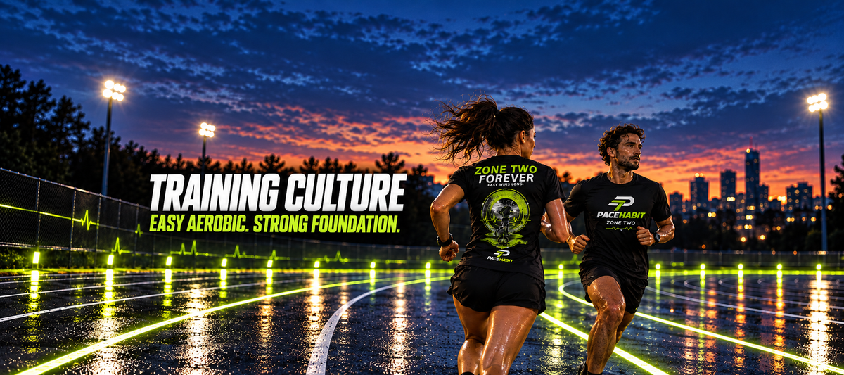 Two runners in Zone Two PACEHABIT tees on an illuminated track at dusk.