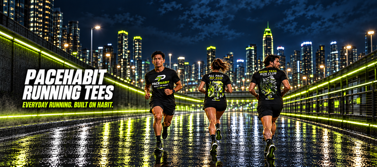 Three runners in black PACEHABIT tees on a neon-lit city path at night.