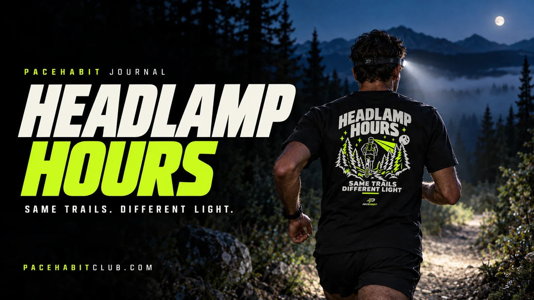 Runner wearing the PACEHABIT Headlamp Hours tee on a forest trail before dawn beside Same Trails. Different Light.