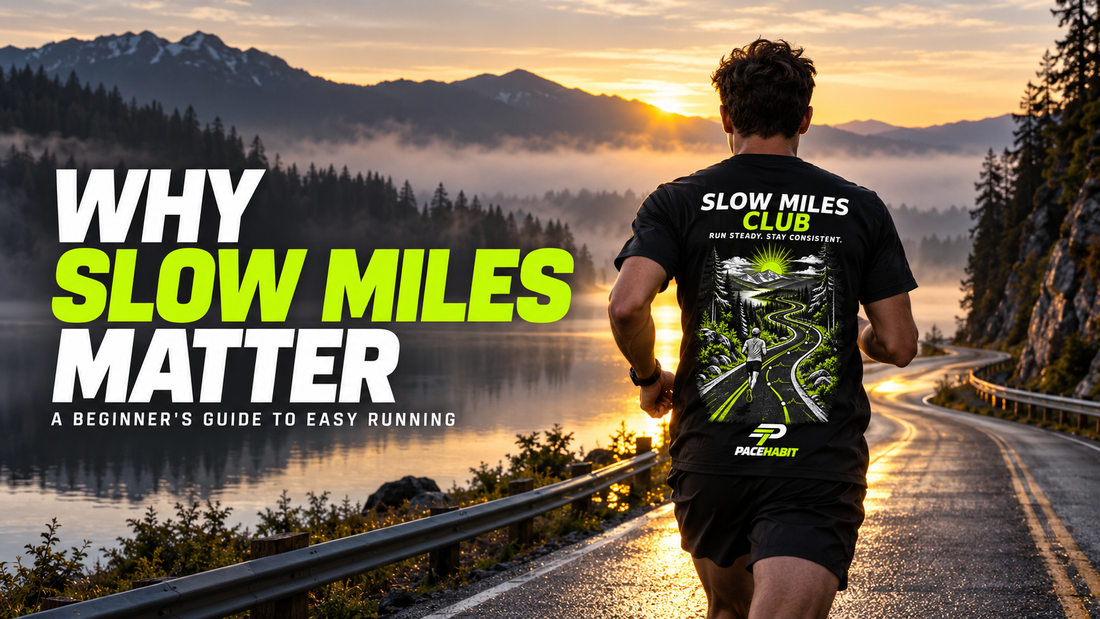 Runner wearing the PACEHABIT Slow Miles Club tee on a misty lakeside road beneath the words “Why Slow Miles Matter.”