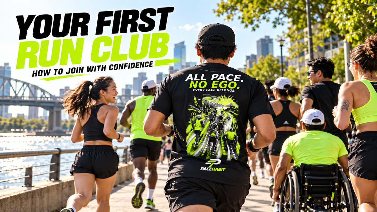 Group of runners on a riverside path, led by a runner wearing the PACEHABIT All Pace No Ego tee, with the words “Your First Run Club.”
