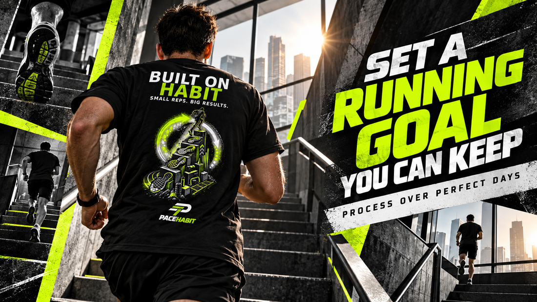 Runner wearing the PACEHABIT Built on Habit tee on city stairs beside the headline “Set a Running Goal You Can Keep.”