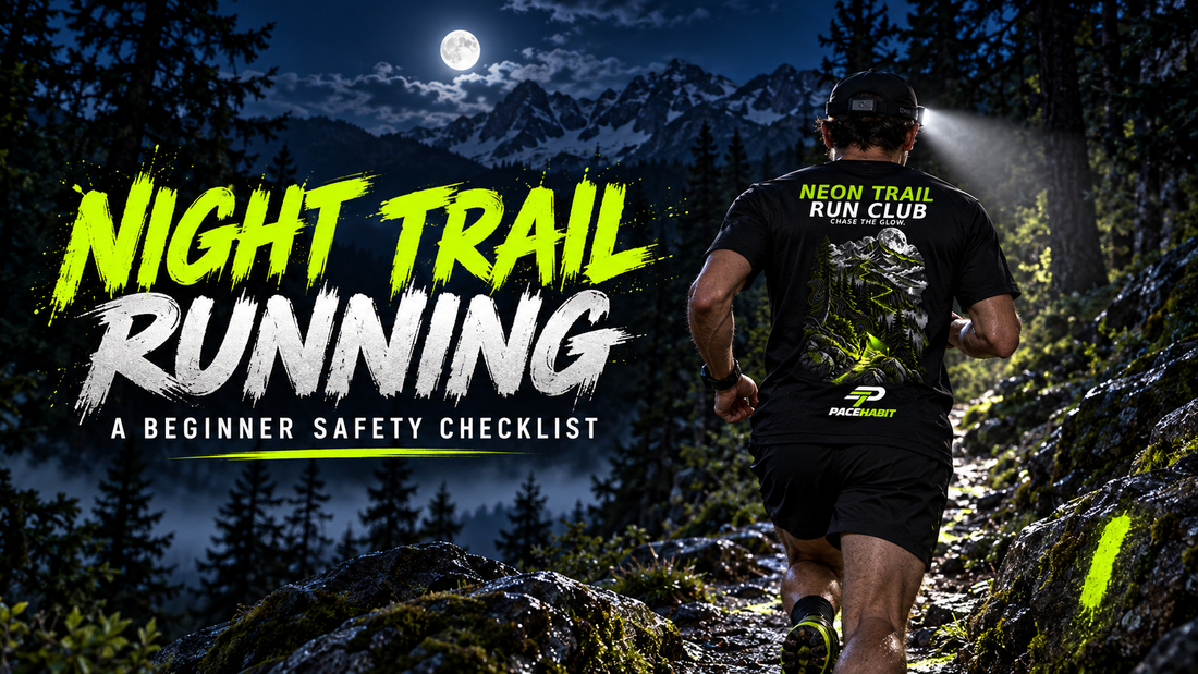 Runner wearing the PACEHABIT Neon Trail Run Club tee on a moonlit forest trail beneath “Night Trail Running.”