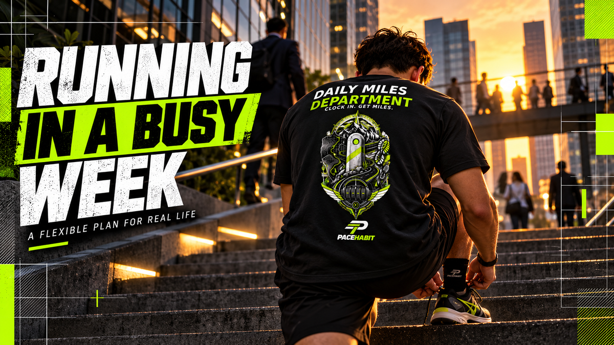 Runner in the PACEHABIT Daily Miles Department tee preparing for an after-work run under the words “Running in a Busy Week.”