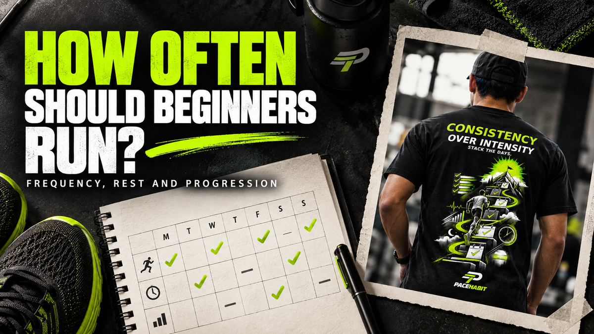 Training log beside a photo of a runner wearing the PACEHABIT Consistency Over Intensity tee under “How Often Should Beginners Run?”