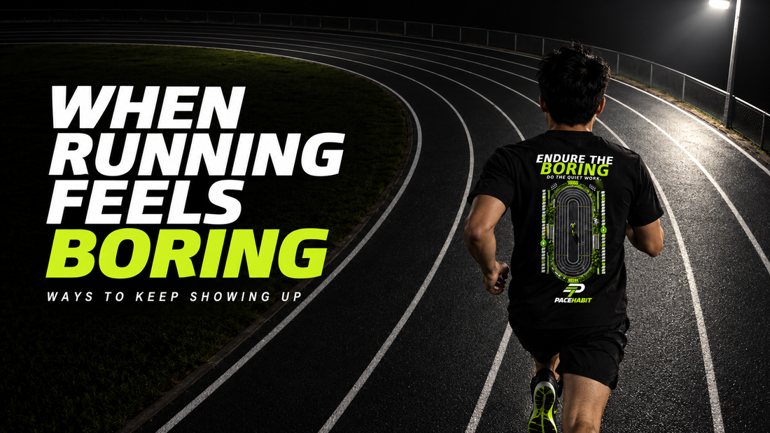 Runner wearing the PACEHABIT Endure the Boring tee on a dark oval track beside “When Running Feels Boring.”