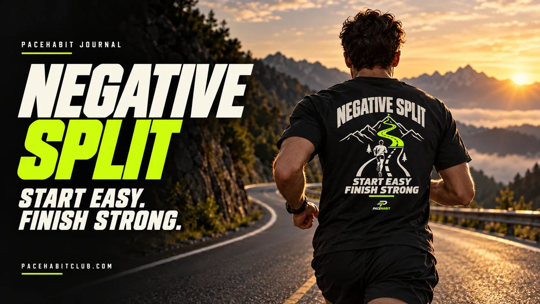 Runner wearing the PACEHABIT Negative Split tee on a mountain road at sunrise beside Start Easy. Finish Strong.