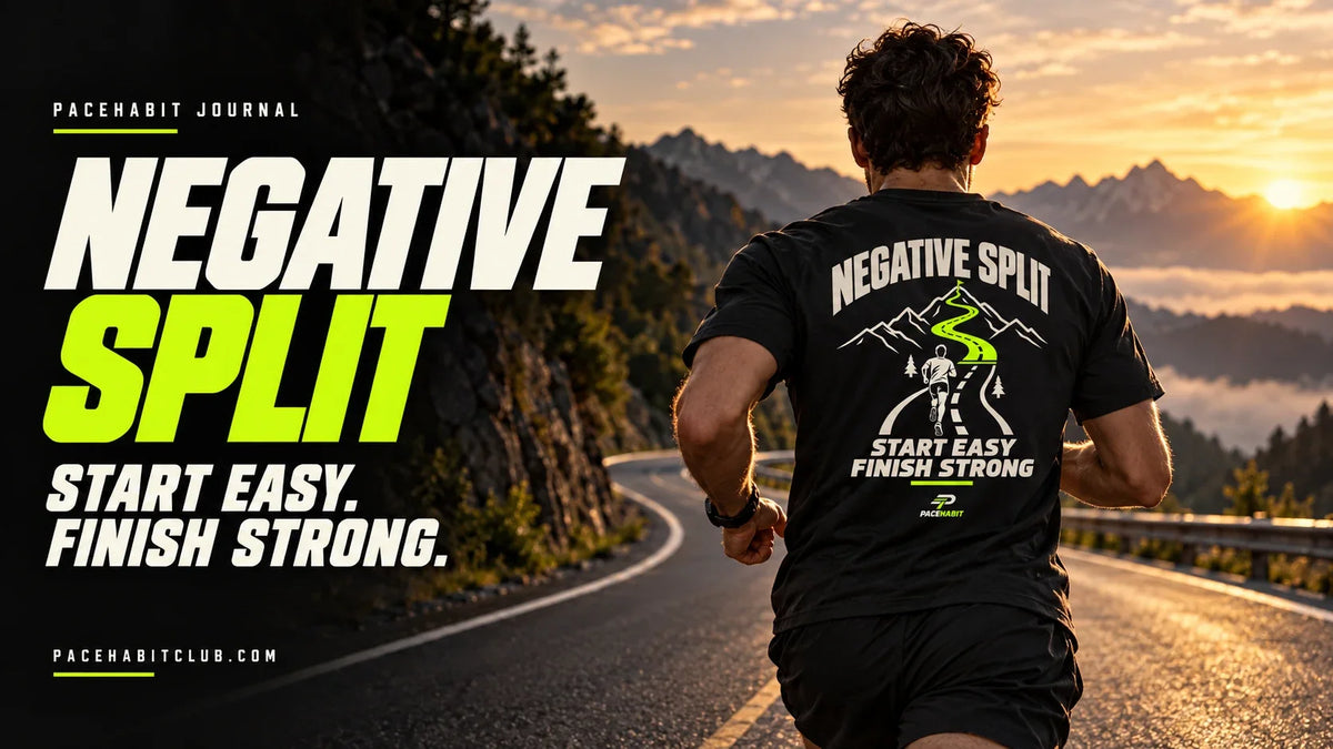 Runner wearing the PACEHABIT Negative Split tee on a mountain road at sunrise beside Start Easy. Finish Strong.