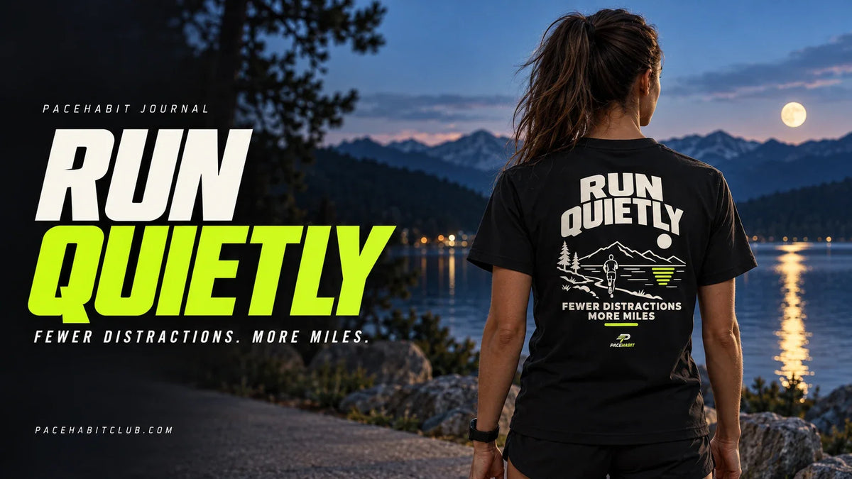 Woman wearing the PACEHABIT Run Quietly tee beside a lake at dusk with Fewer Distractions. More Miles.