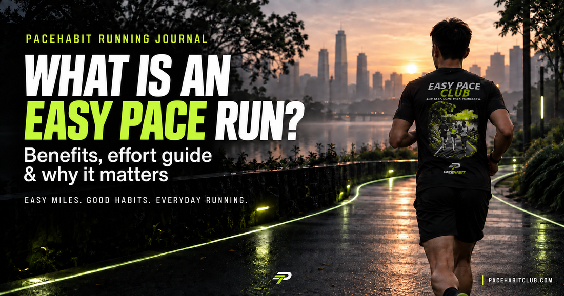 Runner wearing PACEHABIT Easy Pace Club shirt during an easy sunrise run