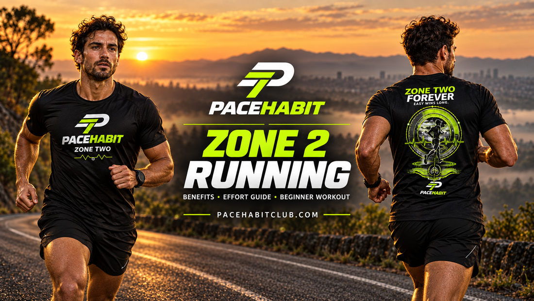 Two male runners wearing PACEHABIT Zone Two Forever tee front and back at sunrise