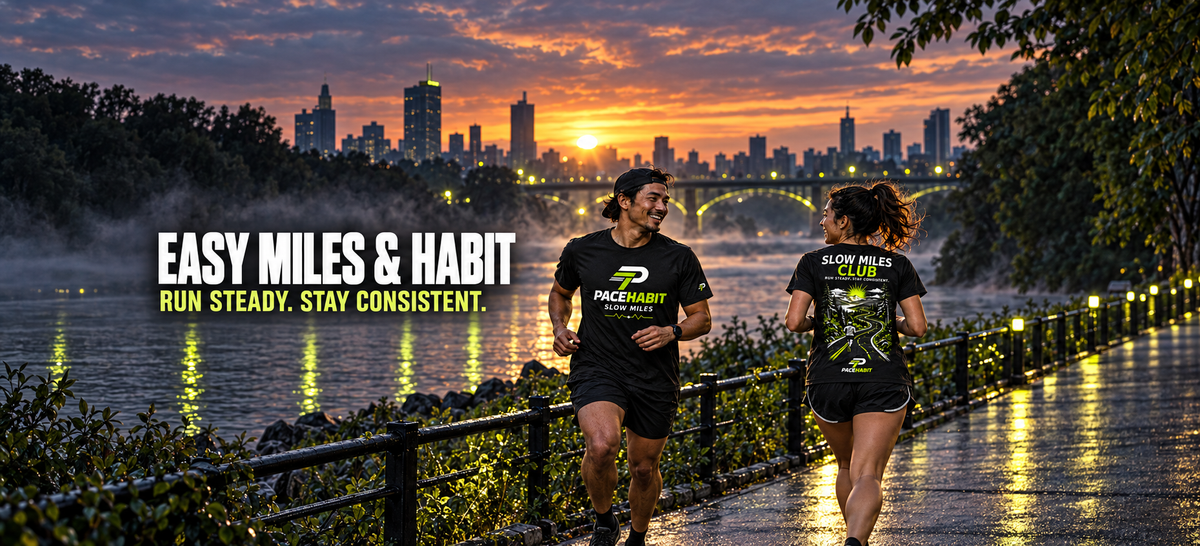 Two runners wearing PACEHABIT Slow Miles Club tees during a relaxed sunrise riverside run.