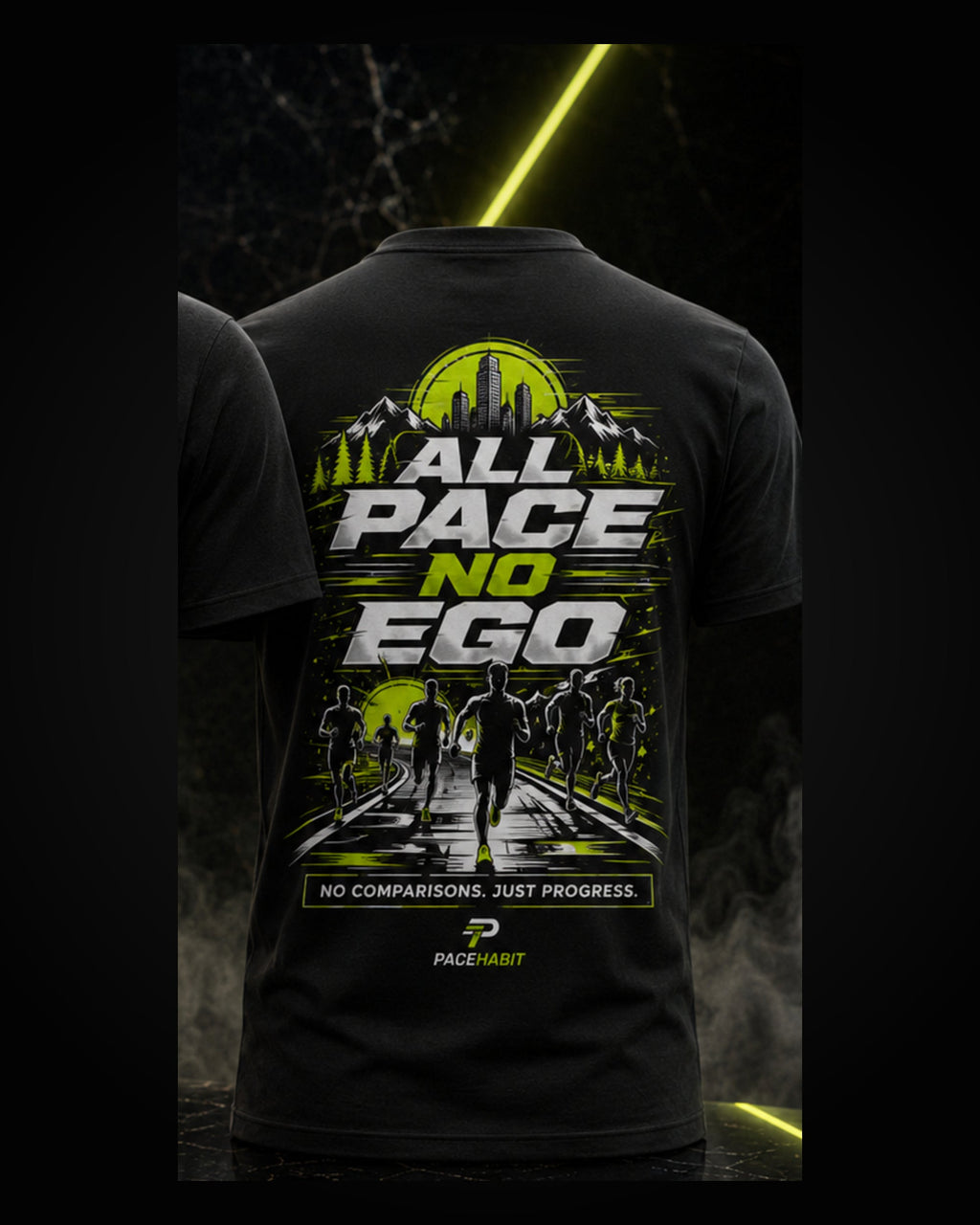 PACEHABIT All Pace No Ego Running Tee black running tee back view with full artwork