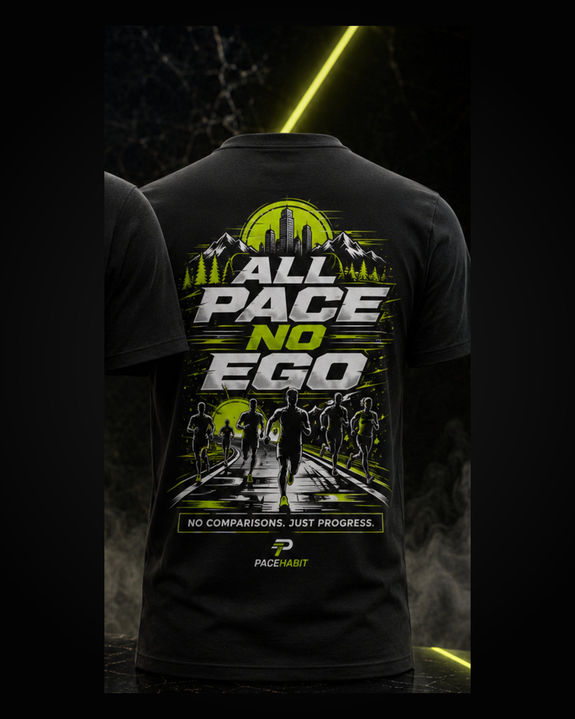 PACEHABIT All Pace No Ego Running Tee black running tee back view with full artwork