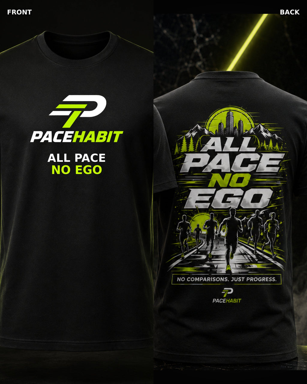 PACEHABIT All Pace No Ego Running Tee black running tee front and back product view