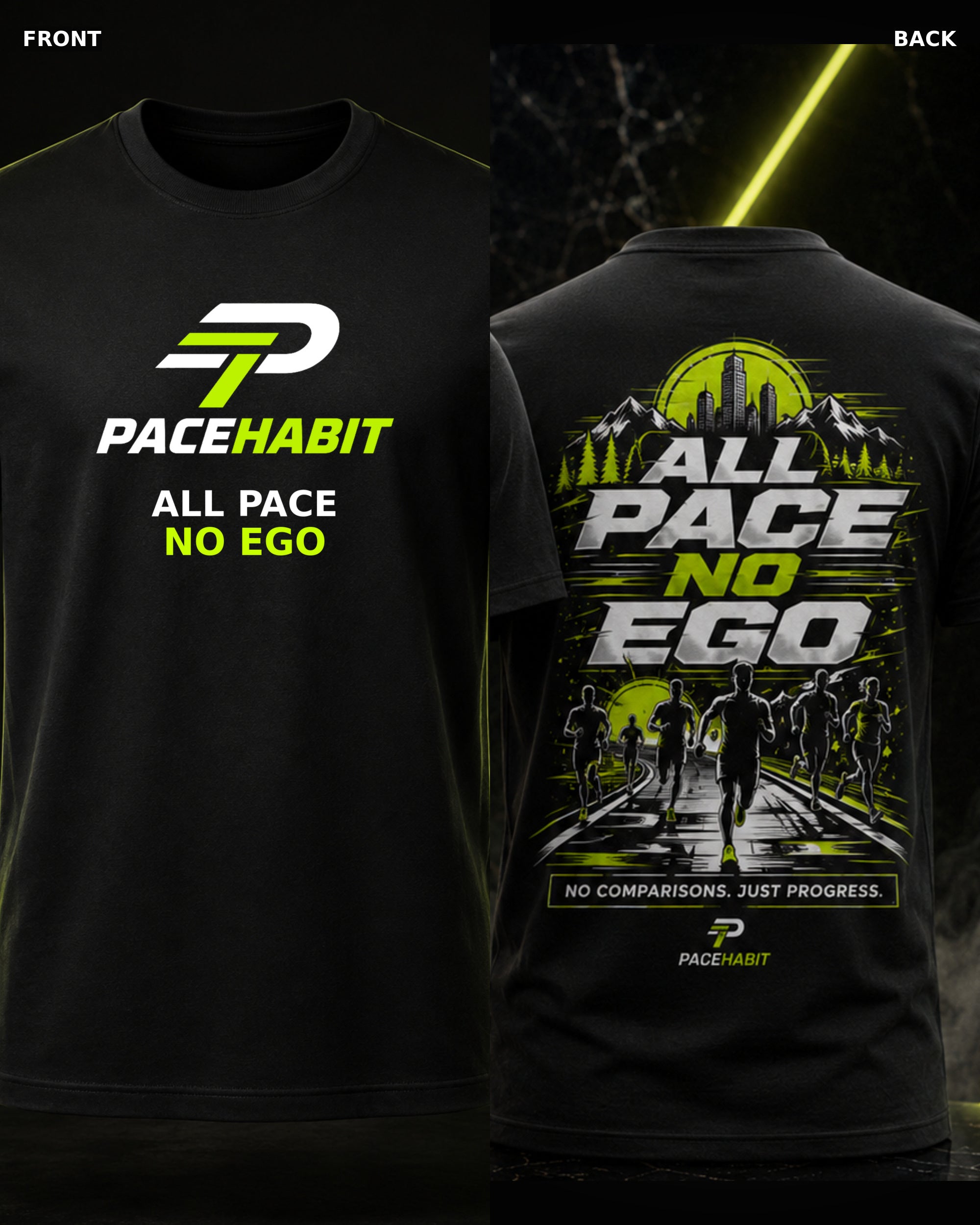 PACEHABIT All Pace No Ego Running Tee black running tee front and back product view