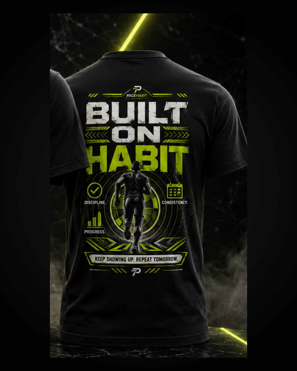 PACEHABIT Built on Habit Running Tee black running tee back view with full artwork