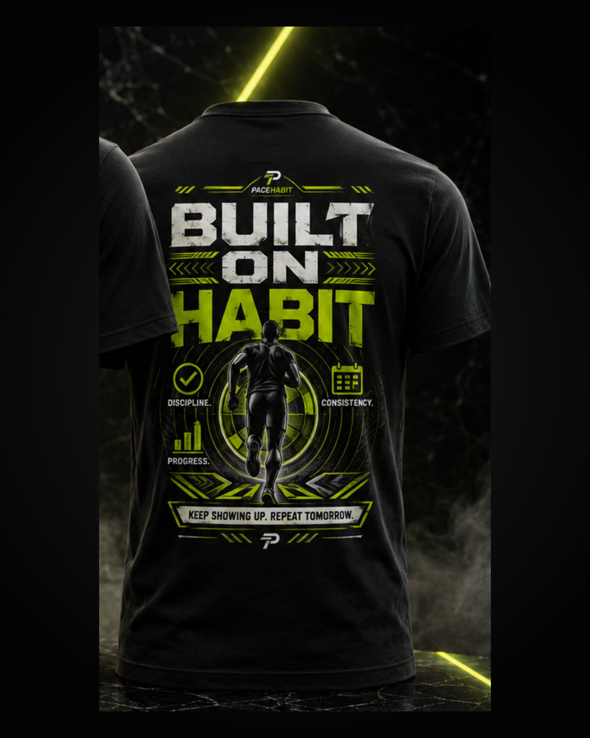 PACEHABIT Built on Habit Running Tee black running tee back view with full artwork