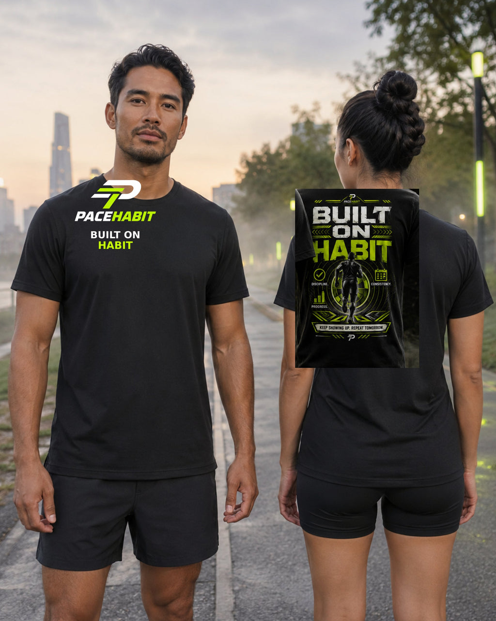 Male and female runners wearing the PACEHABIT Built on Habit Running Tee black running tee