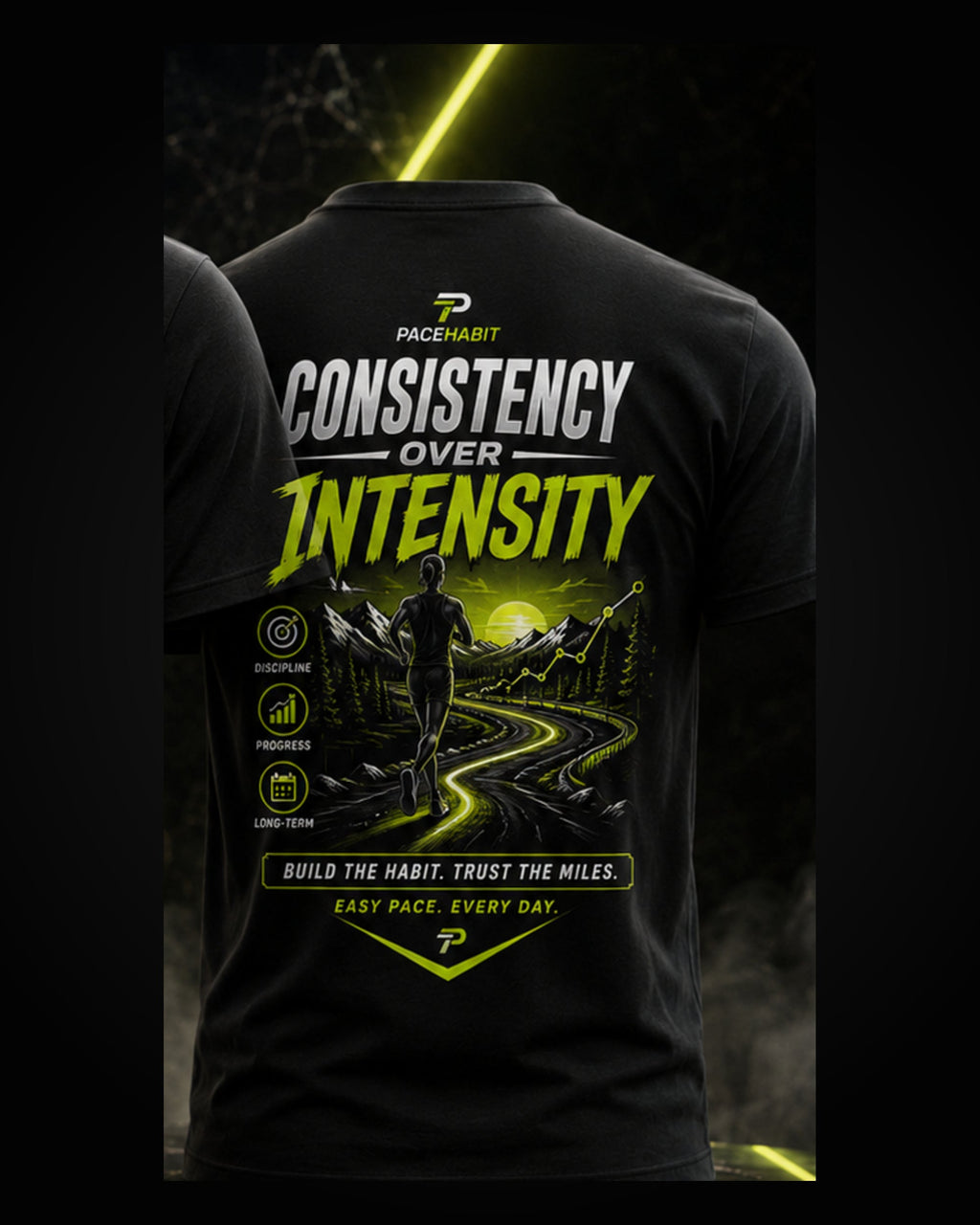 PACEHABIT Consistency Over Intensity Running Tee black running tee back view with full artwork
