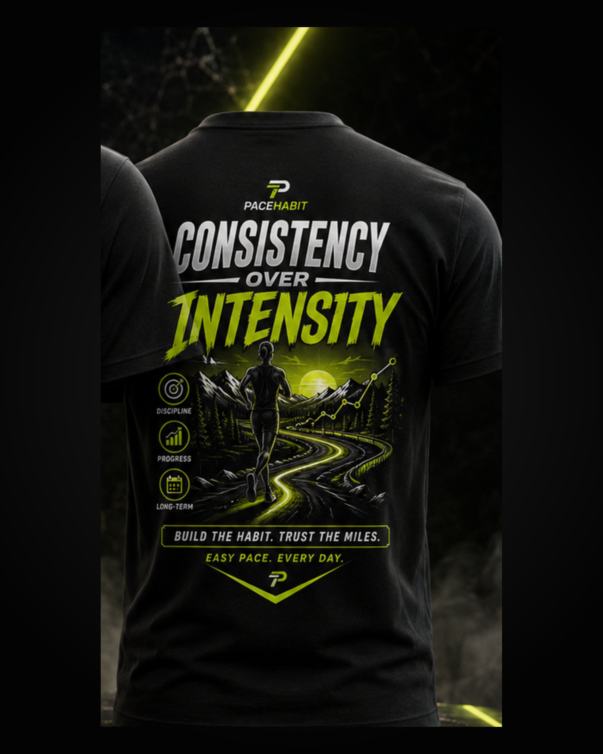 PACEHABIT Consistency Over Intensity Running Tee black running tee back view with full artwork