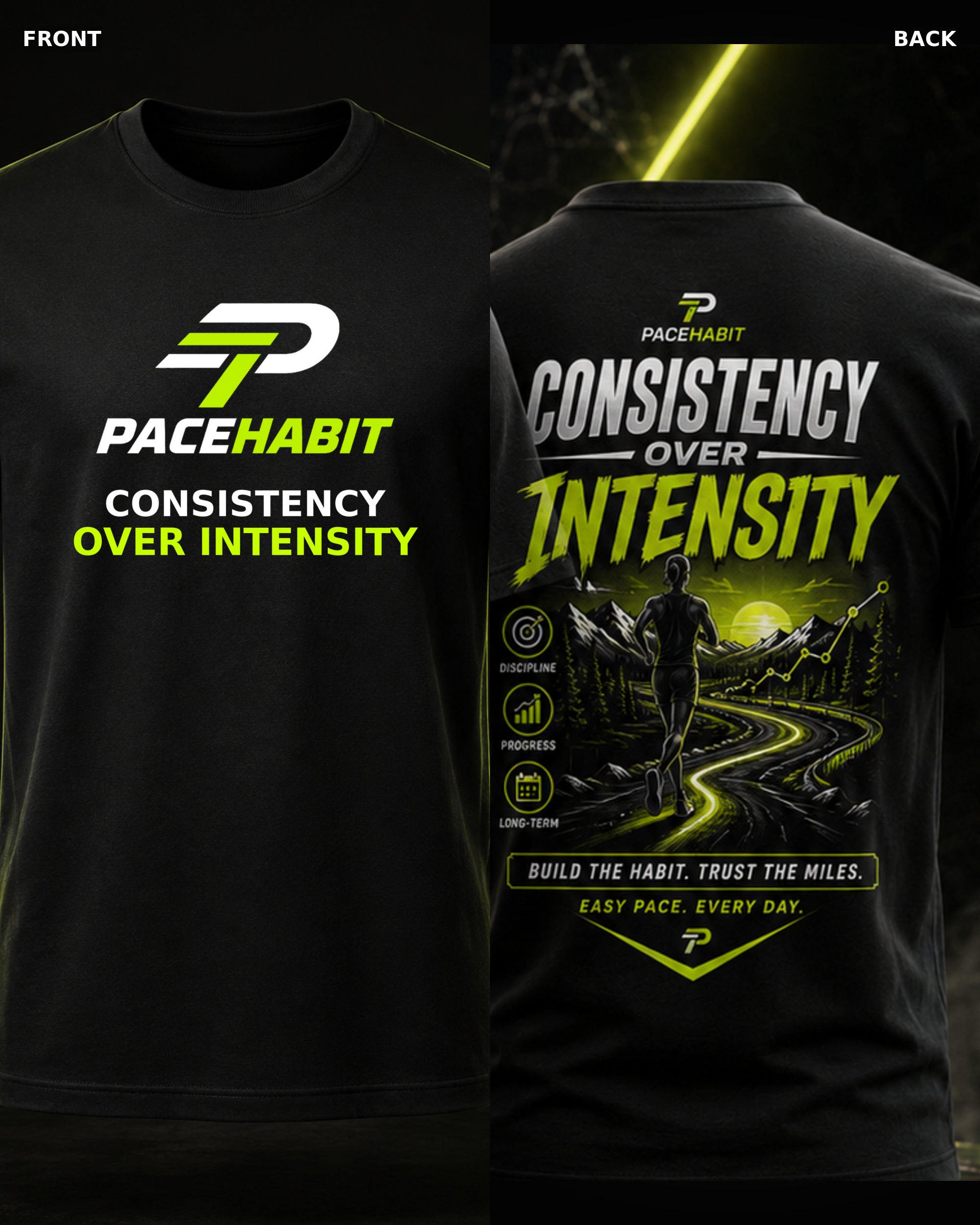 PACEHABIT Consistency Over Intensity Running Tee black running tee front and back product view
