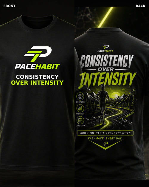 PACEHABIT Consistency Over Intensity Running Tee black running tee front and back product view