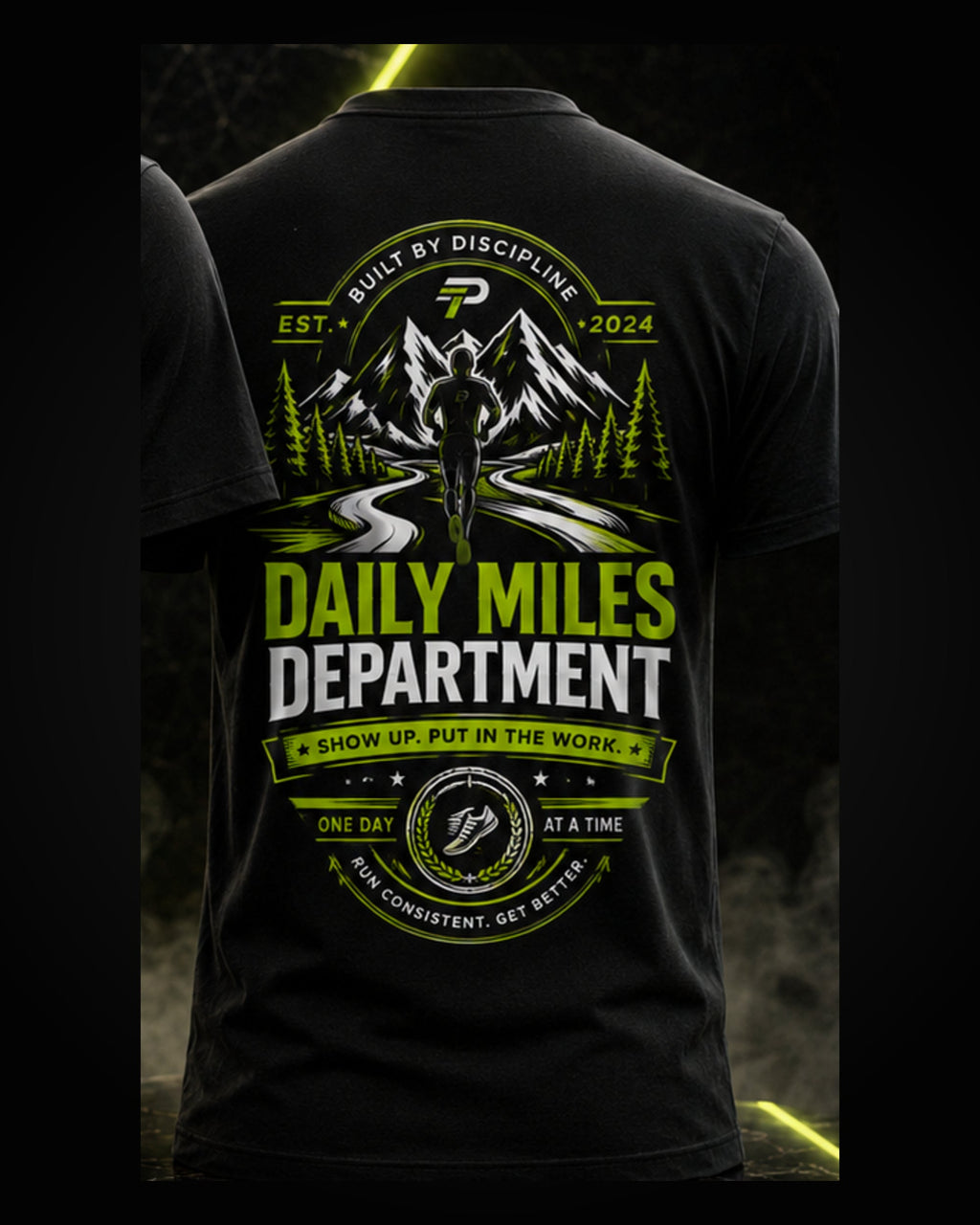 PACEHABIT Daily Miles Department Running Tee black running tee back view with full artwork