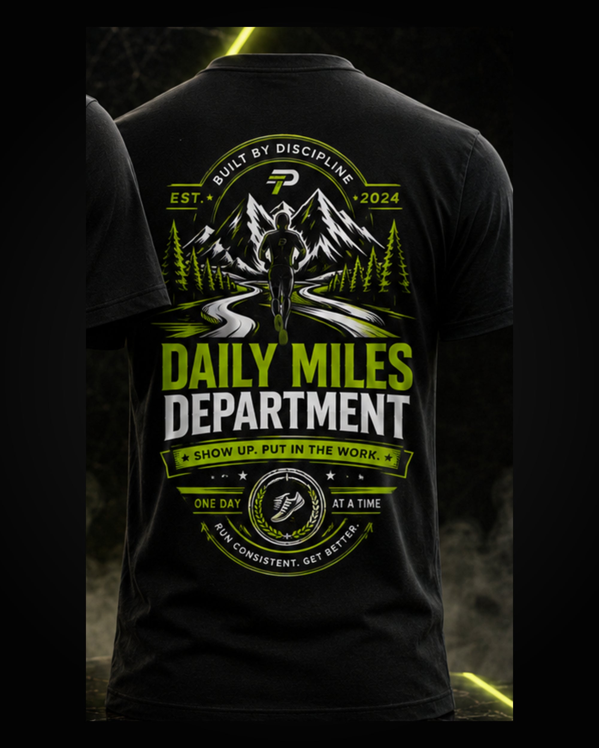 PACEHABIT Daily Miles Department Running Tee black running tee back view with full artwork