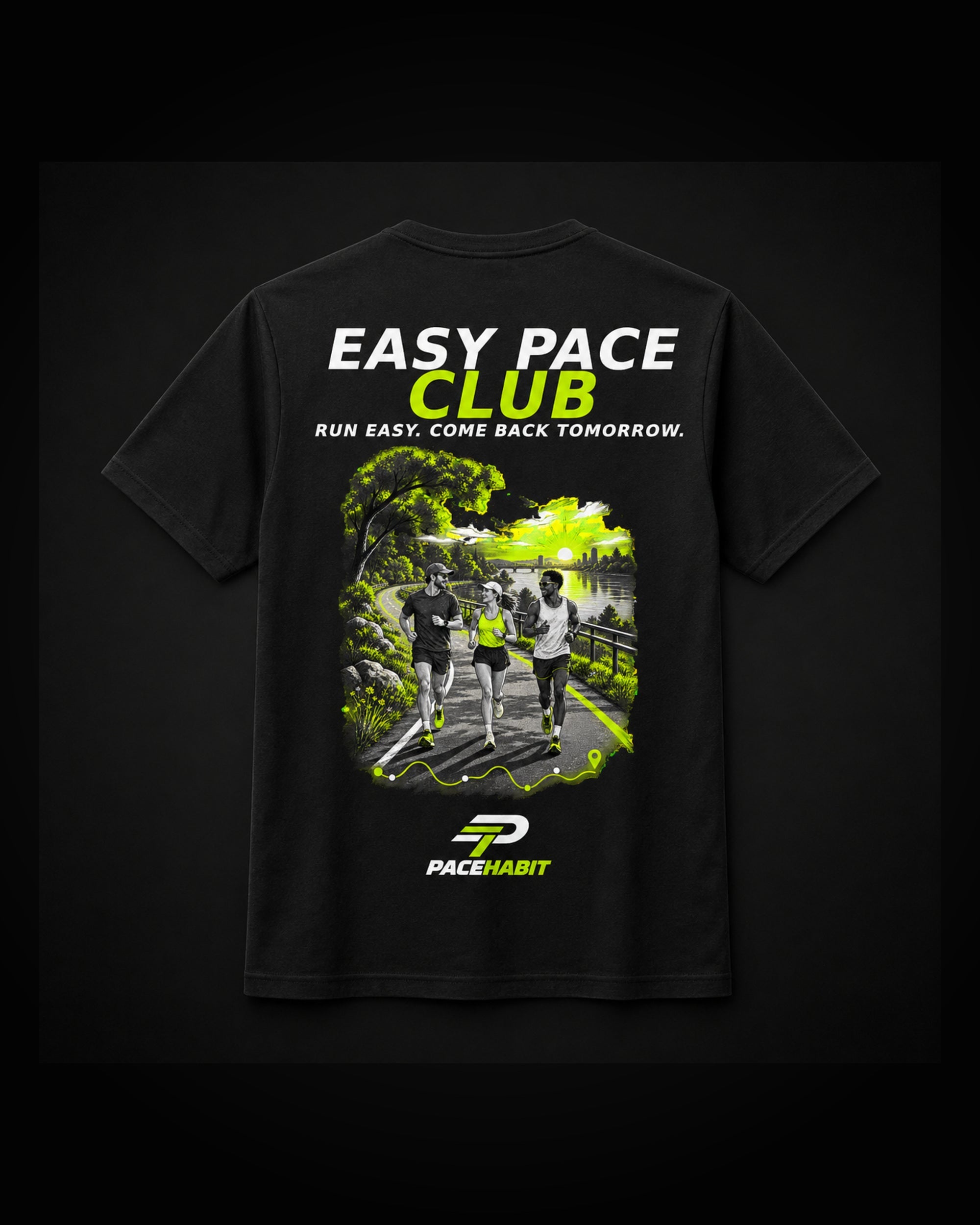 PACEHABIT Easy Pace Club Running Tee black running tee back view with full artwork