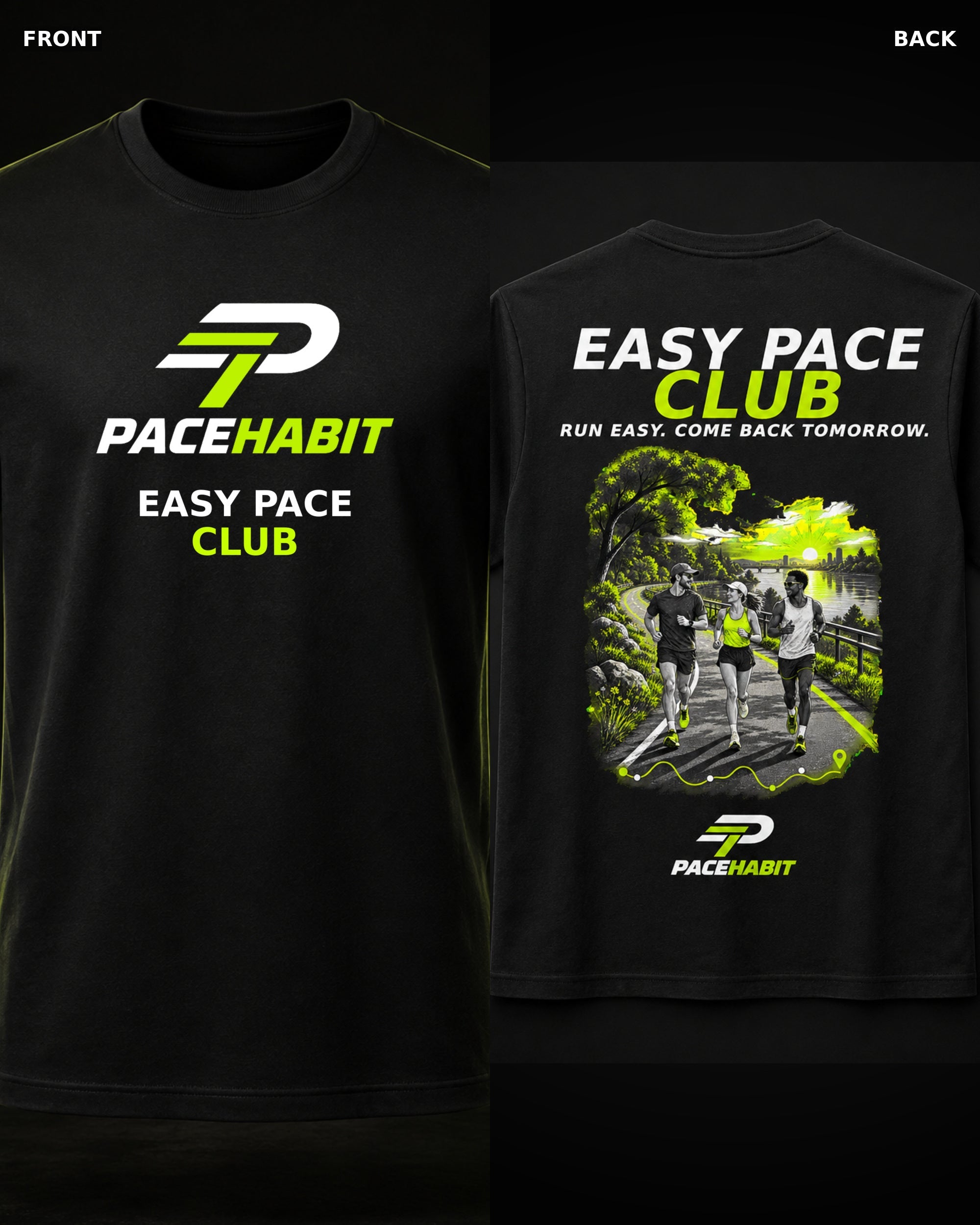 PACEHABIT Easy Pace Club Running Tee black running tee front and back product view