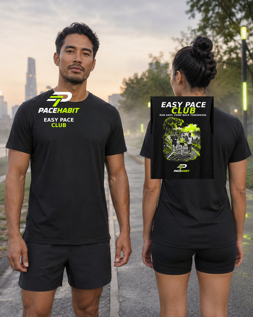 Male and female runners wearing the PACEHABIT Easy Pace Club Running Tee black running tee