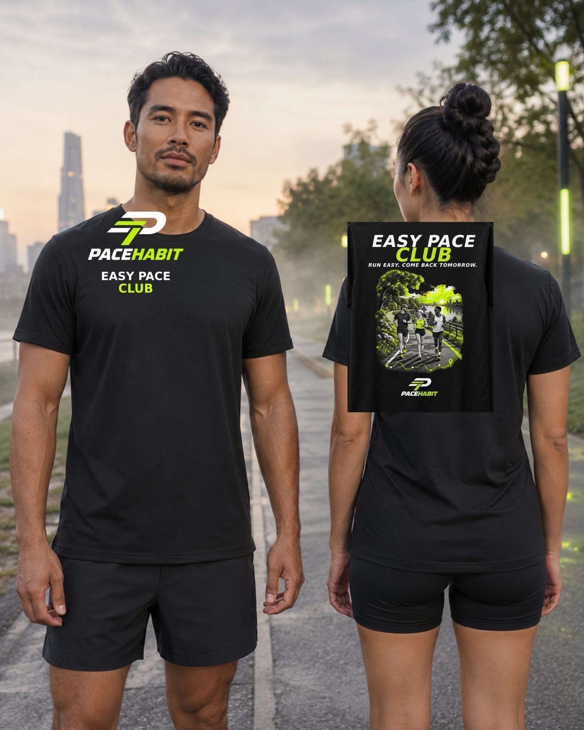 Male and female runners wearing the PACEHABIT Easy Pace Club Running Tee black running tee