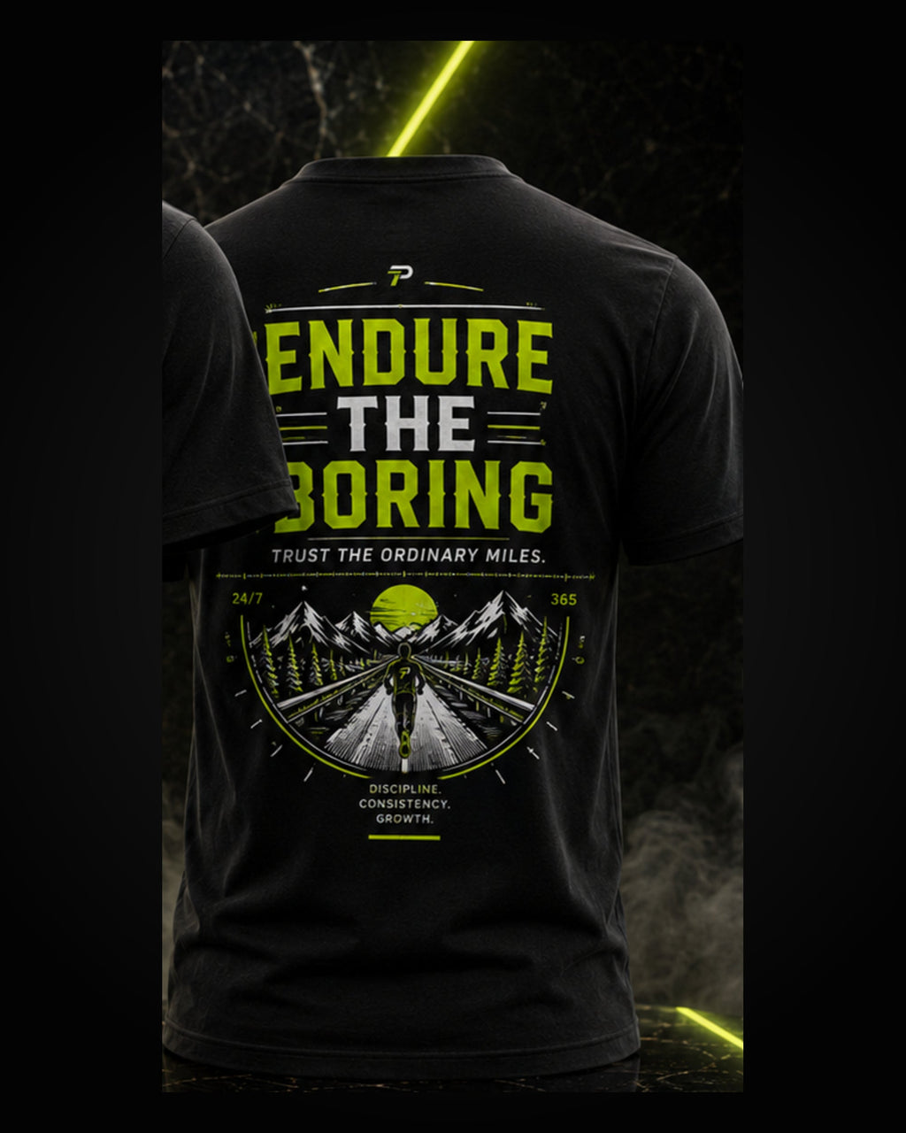 PACEHABIT Endure the Boring Running Tee black running tee back view with full artwork