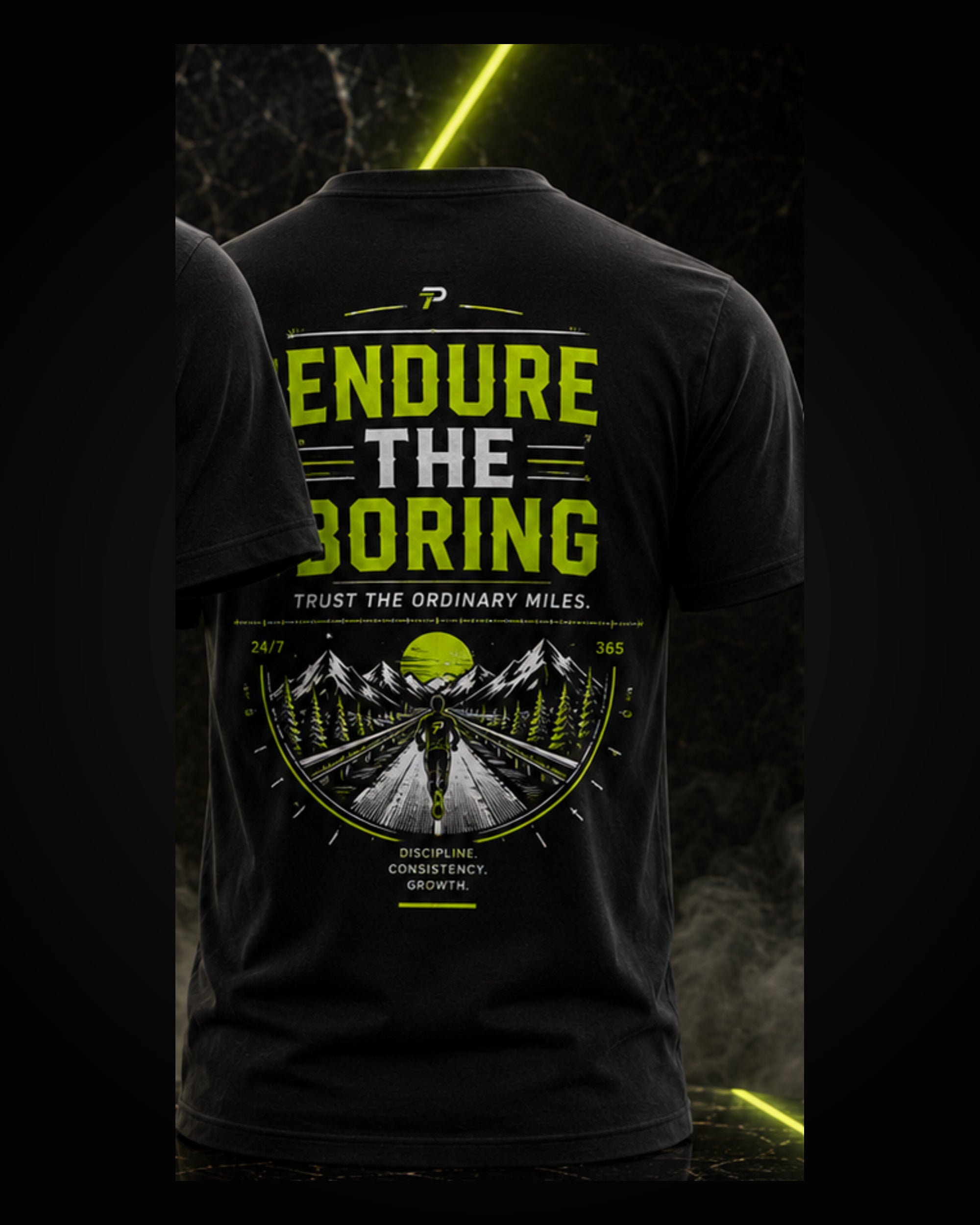 PACEHABIT Endure the Boring Running Tee black running tee back view with full artwork