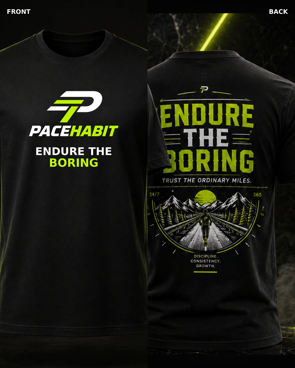 PACEHABIT Endure the Boring Running Tee black running tee front and back product view