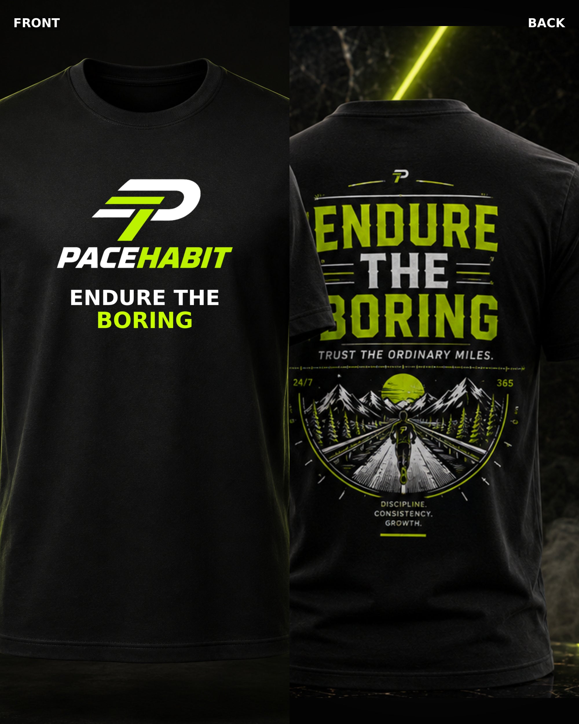 PACEHABIT Endure the Boring Running Tee black running tee front and back product view
