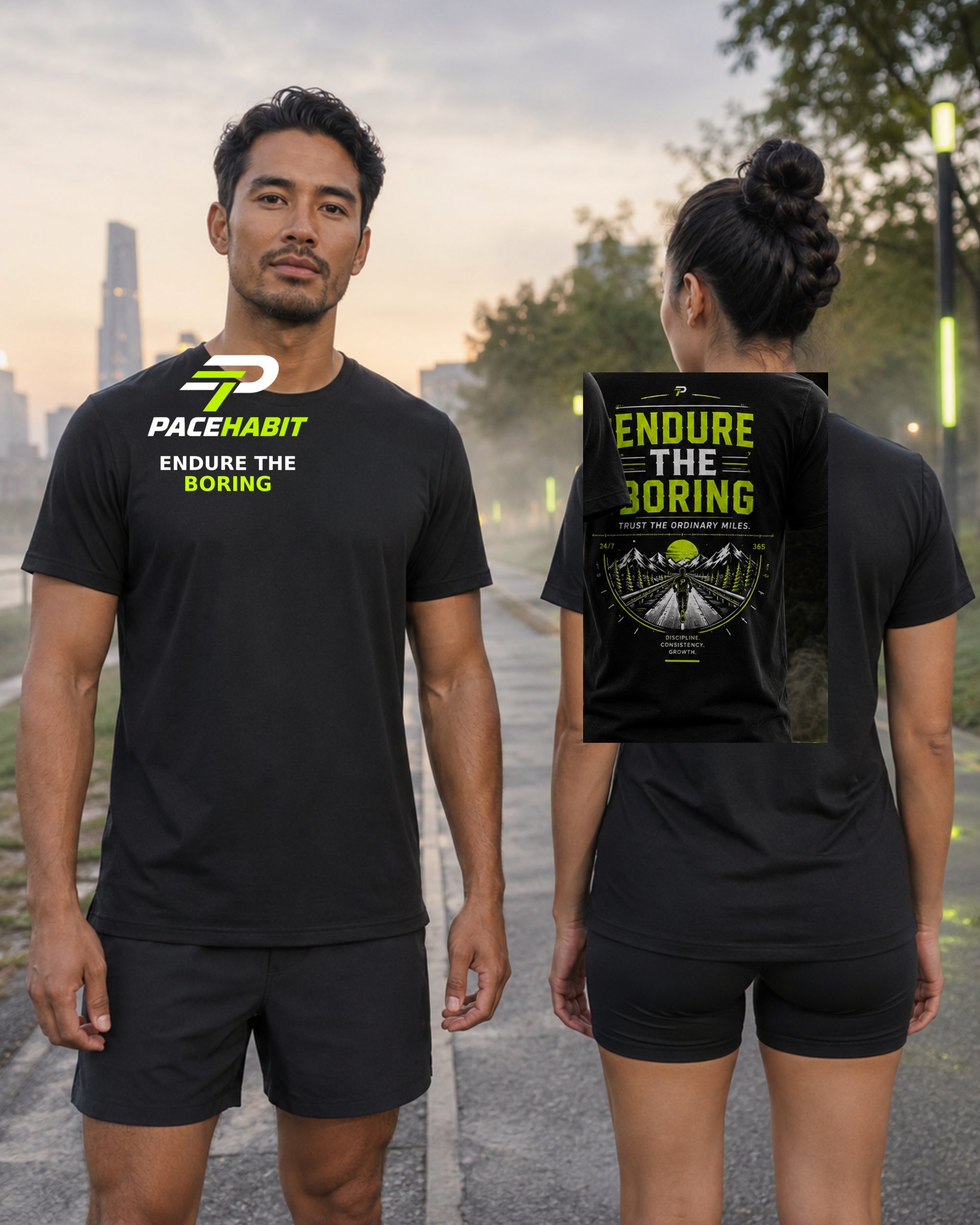 Male and female runners wearing the PACEHABIT Endure the Boring Running Tee black running tee