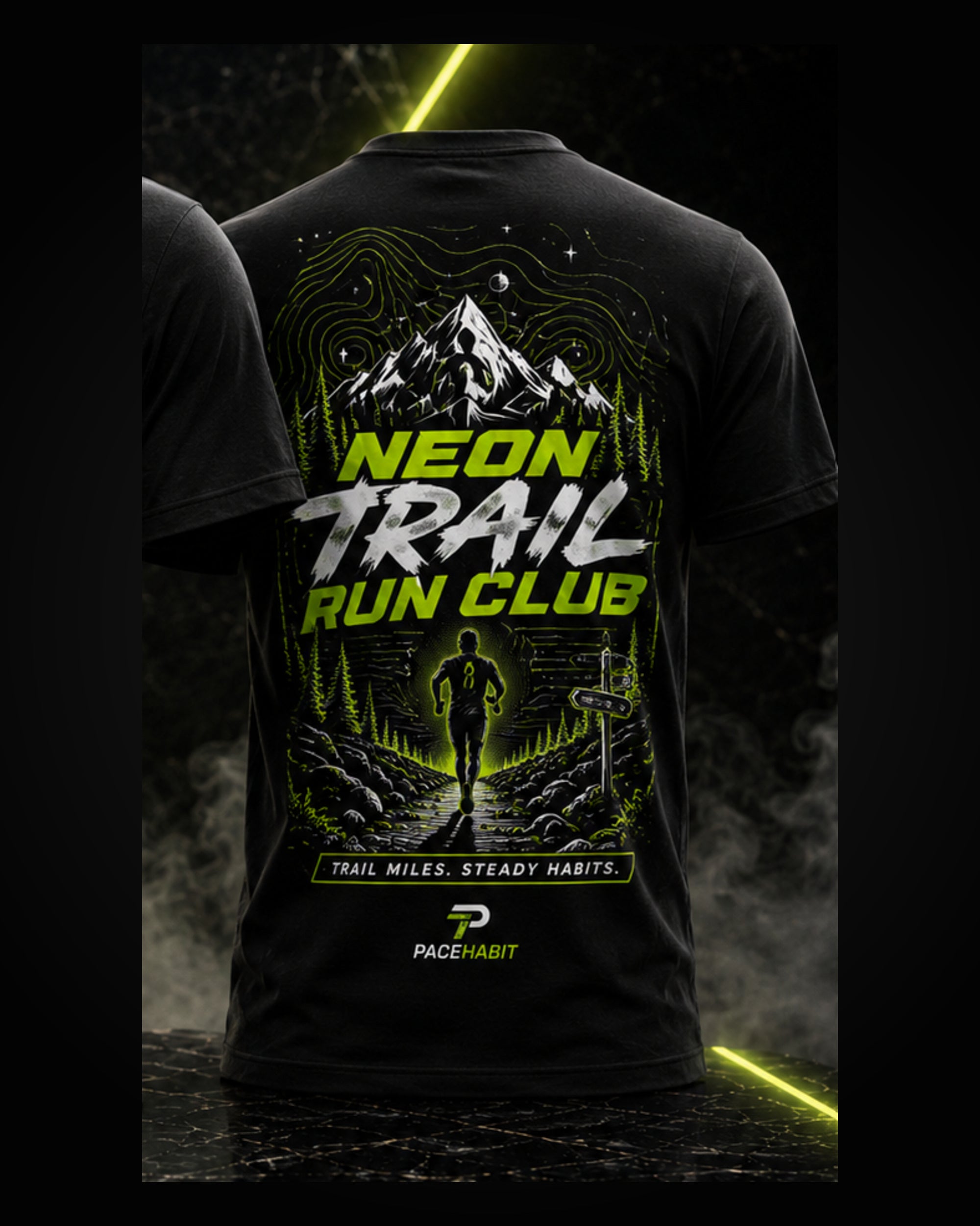 PACEHABIT Neon Trail Run Club Running Tee black running tee back view with full artwork