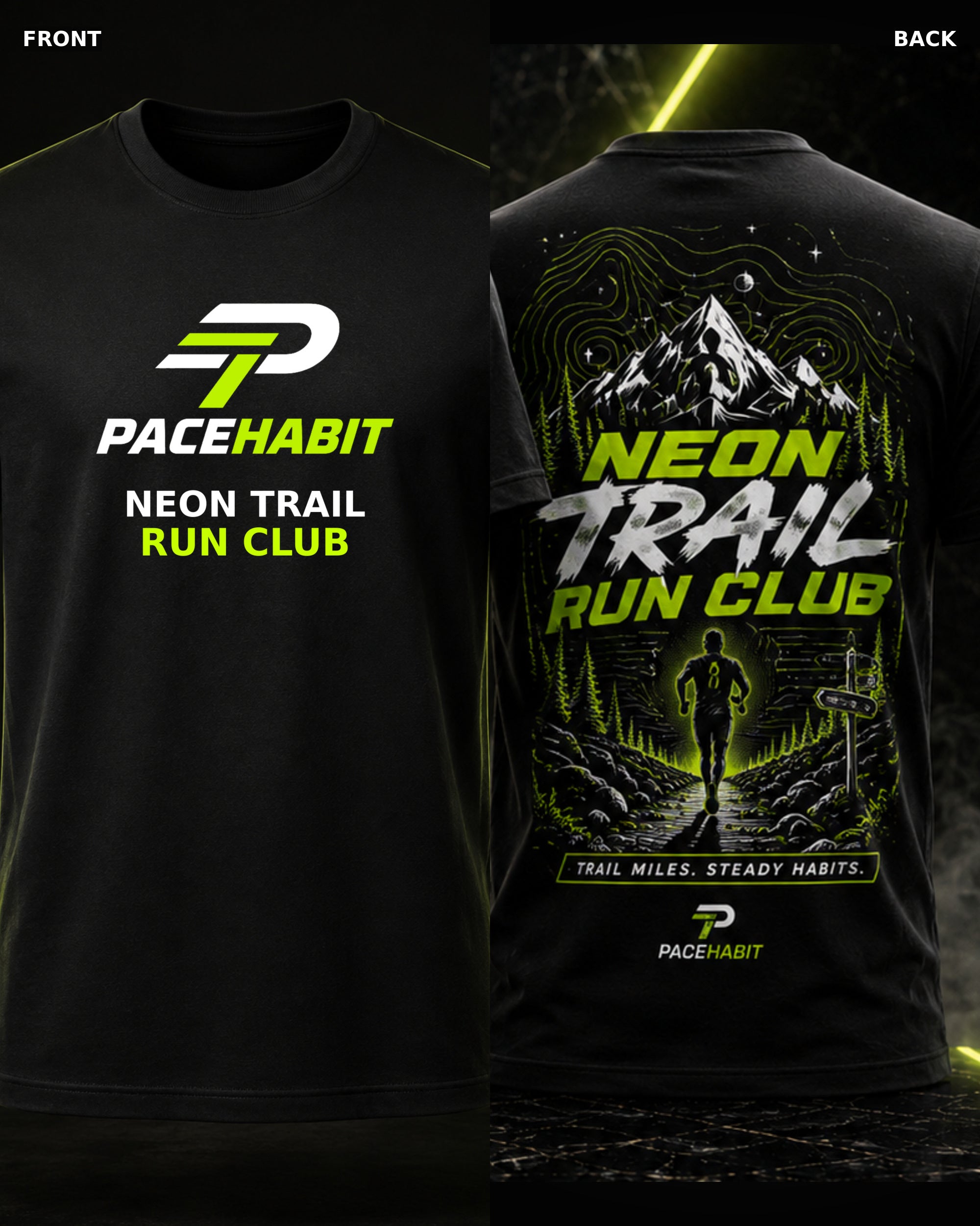 PACEHABIT Neon Trail Run Club Running Tee black running tee front and back product view