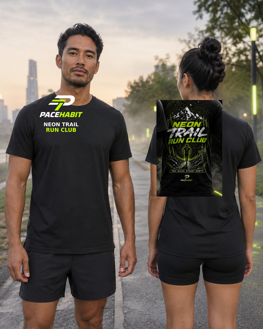 Male and female runners wearing the PACEHABIT Neon Trail Run Club Running Tee black running tee