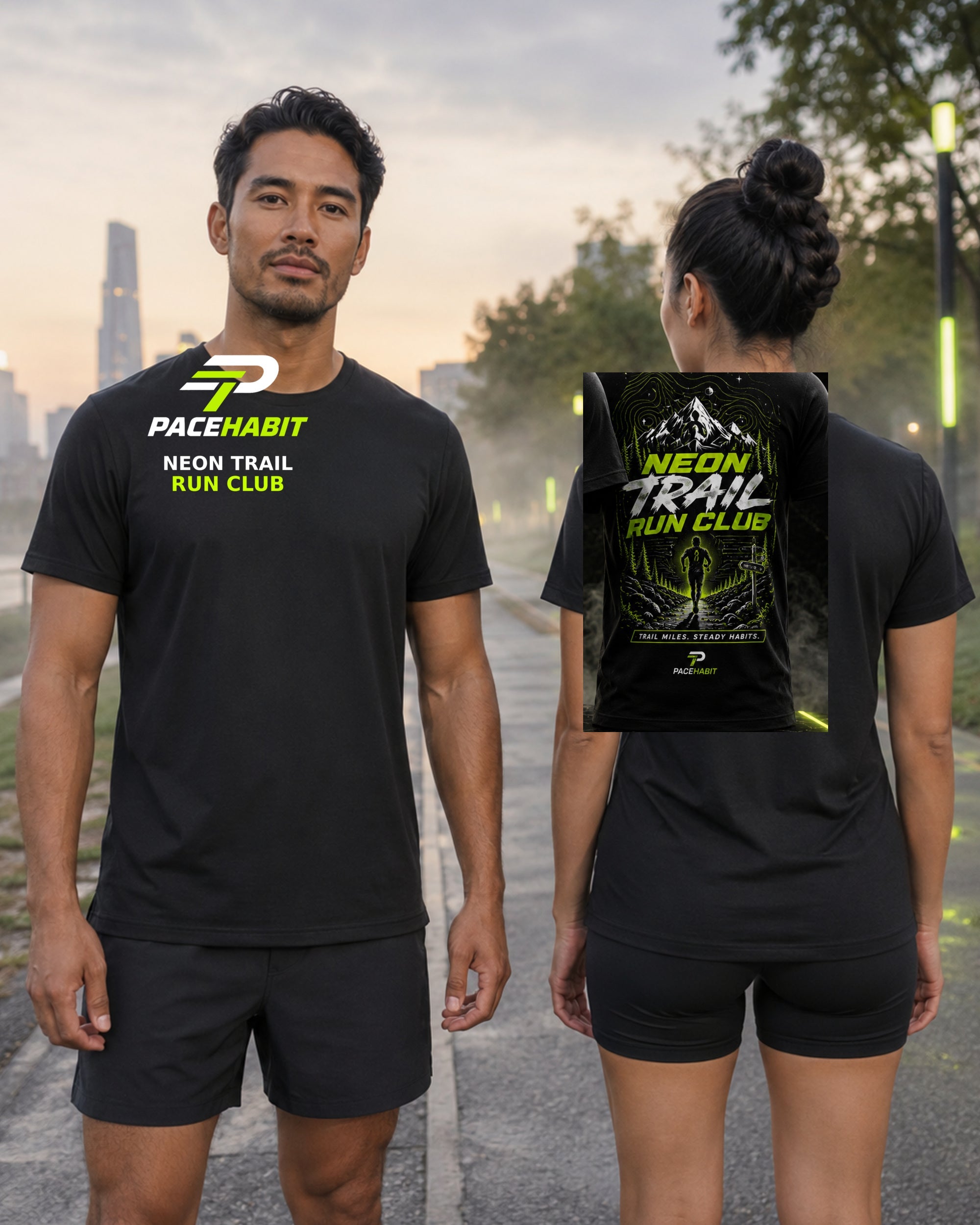 Male and female runners wearing the PACEHABIT Neon Trail Run Club Running Tee black running tee