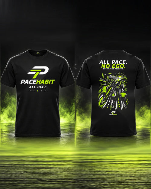 PACEHABIT All Pace No Ego black running tee showing front and back prints