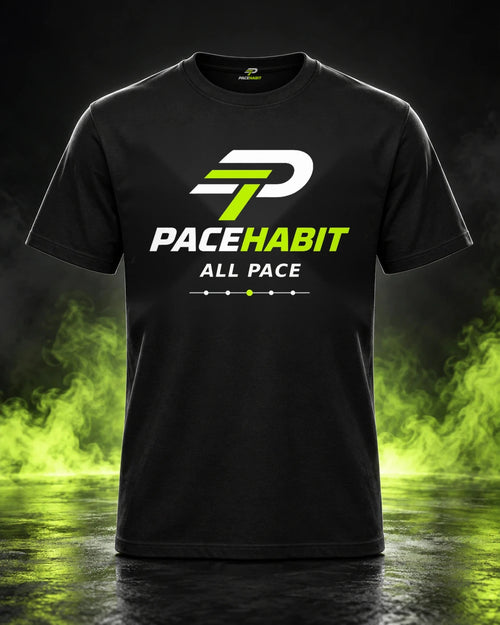 PACEHABIT All Pace No Ego black running tee front view with chest logo and inner neck label