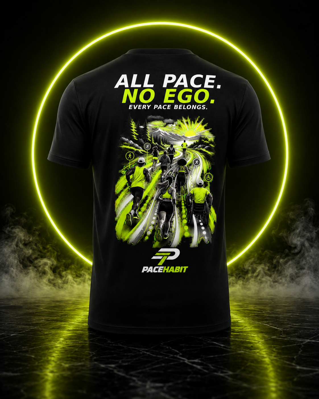 PACEHABIT All Pace No Ego running tee back view with group running artwork