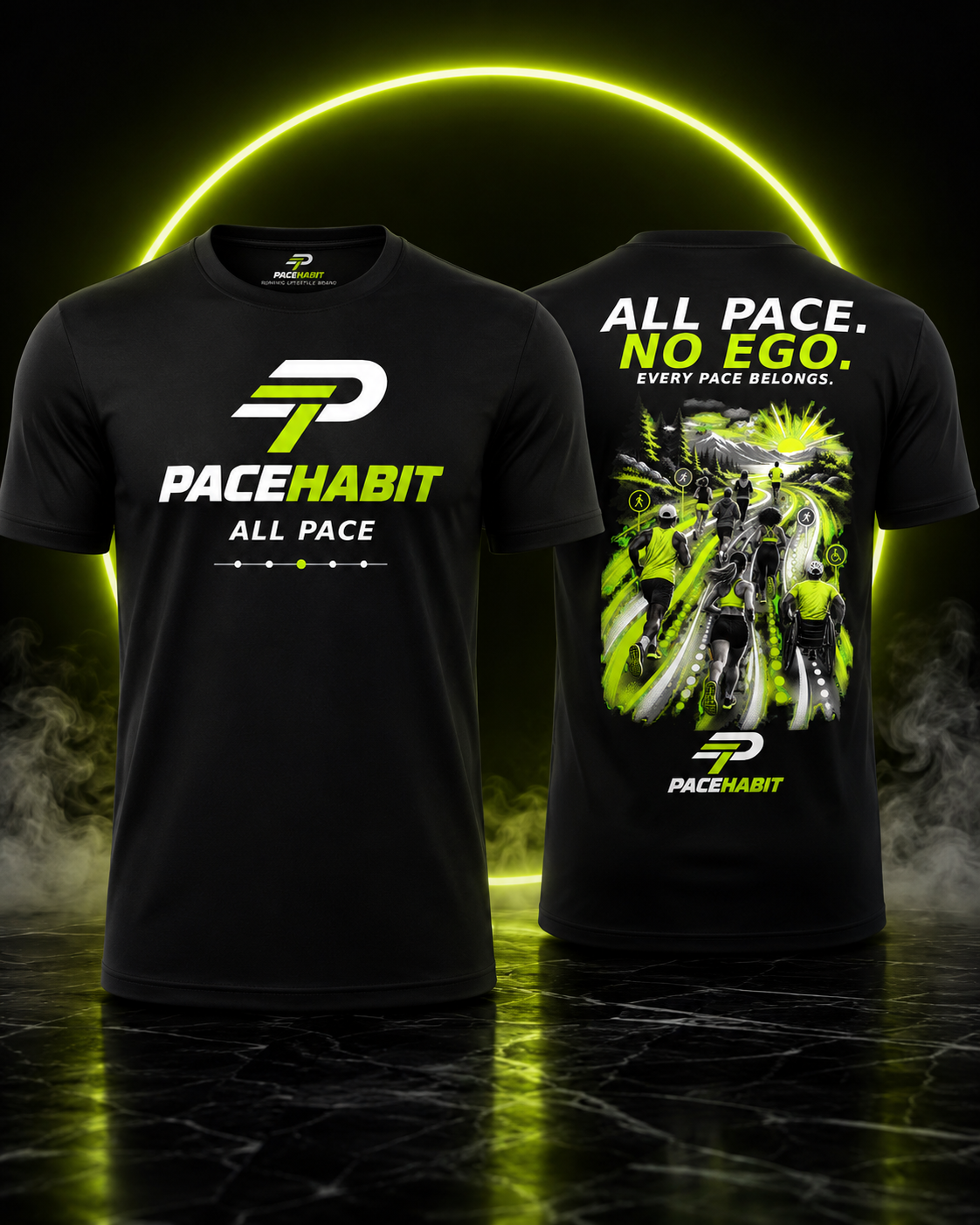 PACEHABIT All Pace No Ego running tee front and back view in black