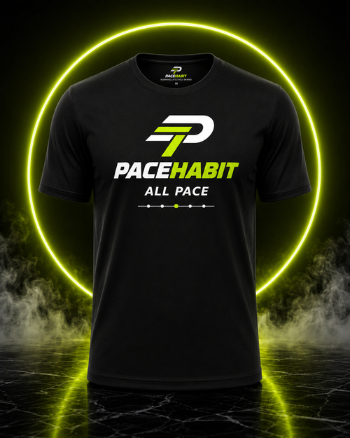 PACEHABIT All Pace No Ego running tee front view with neon lime and white design