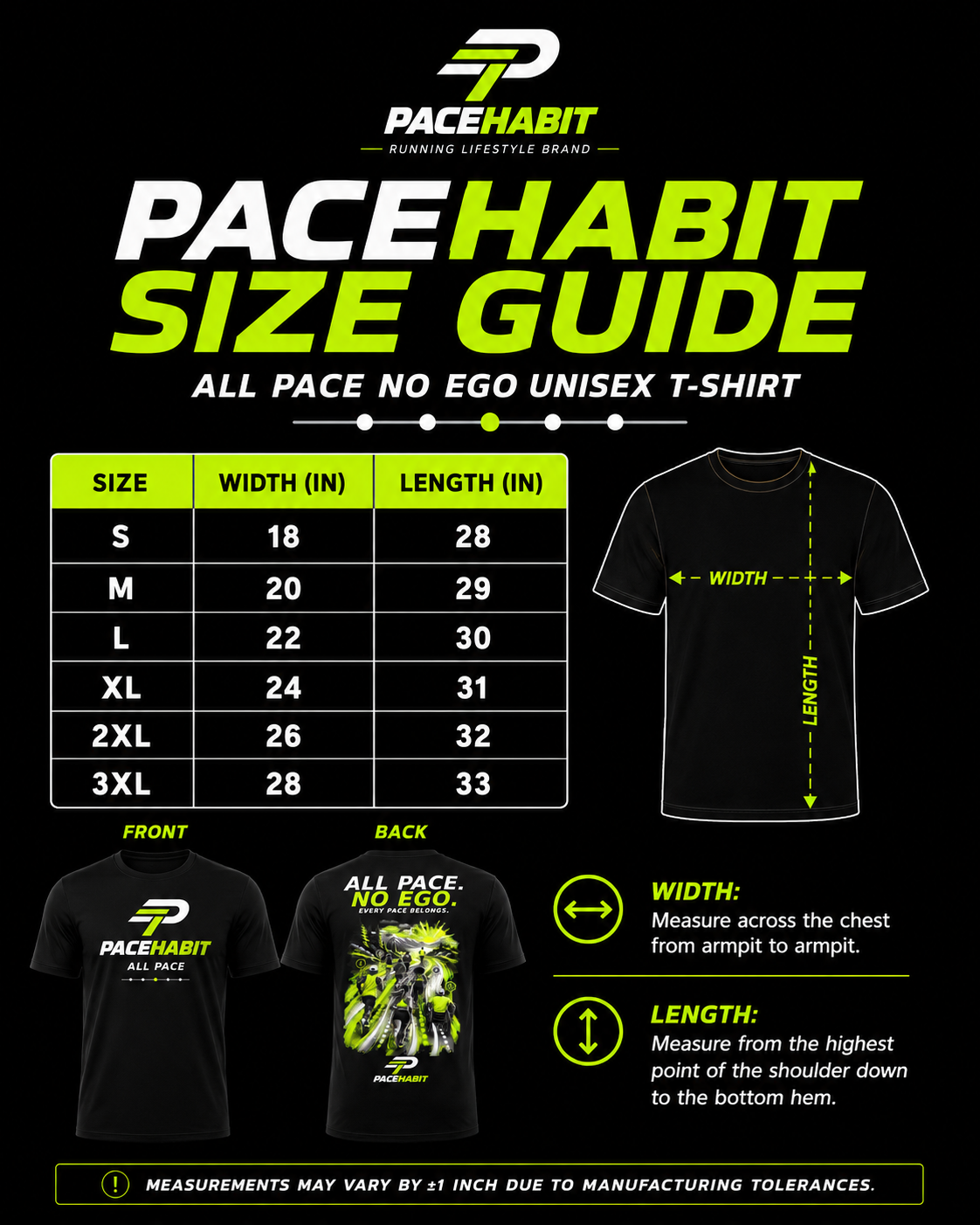 PACEHABIT All Pace No Ego unisex running tee size guide