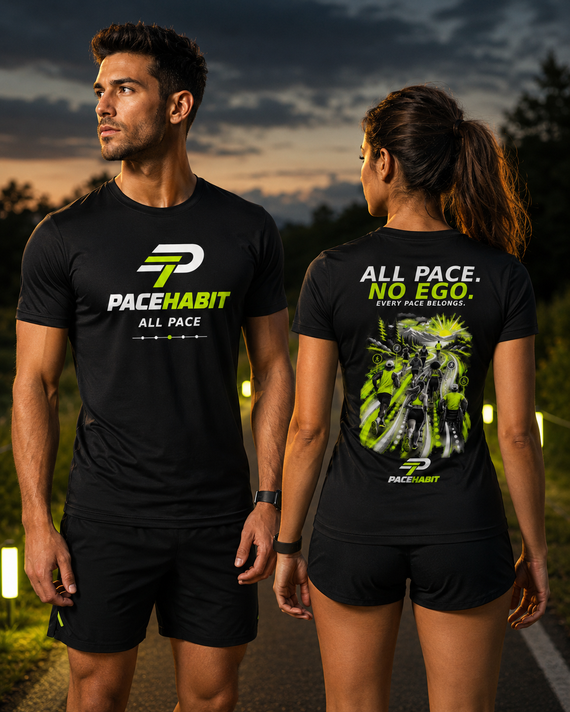 PACEHABIT All Pace No Ego unisex running tee fit on male and female models