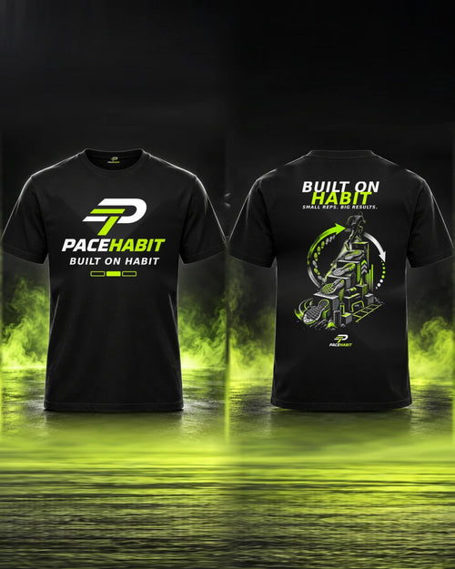 PACEHABIT Built on Habit black running tee showing front and back prints